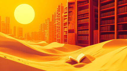 Wall Mural - Virtual desert library with bookshelves emerging from sand dunes, glowing under a digital sun, desert library, ephemeral knowledge. Ephemeral. Illustration