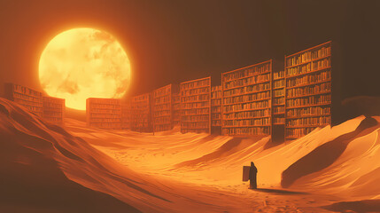 Wall Mural - Virtual desert library with bookshelves emerging from sand dunes, glowing under a digital sun, desert library, ephemeral knowledge. Ephemeral. Illustration