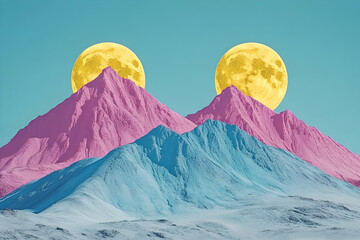 Wall Mural - Pastel Mountainscape, Two Moons Rise Above Pink and Blue Peaks in a Surreal Dreamlike Scene