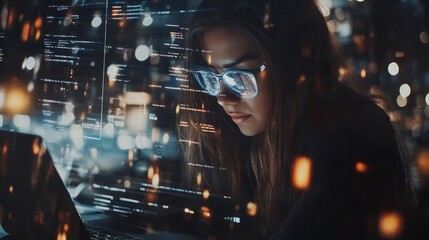 Poster - A focused individual working on a laptop, surrounded by digital data and glowing lights.