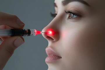 beautiful woman with smooth skin getting botox treatment, close up of syringe in hand holding red la