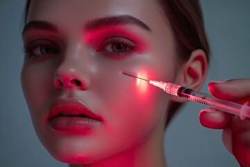 beautiful woman with smooth skin getting botox treatment, close up of syringe in hand holding red la