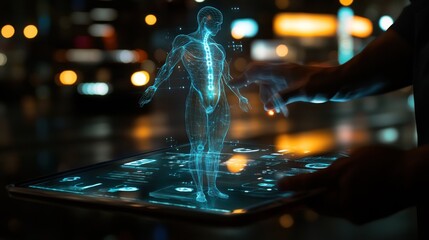 Poster - A futuristic holographic display of a human figure and data on a tablet in an urban setting.