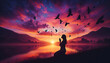 © Unslux - silhouette of a person in the window woman praying and free bird and enjoining nature at sunset, yoga meditation , generative ai