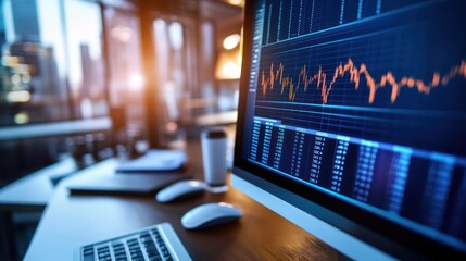 Poster - A close-up of a computer monitor displaying financial data and graphs in a modern office setting.