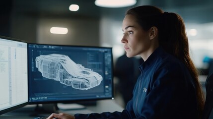 Poster - A focused woman analyzing a detailed vehicle design on a computer screen in a modern workspace.