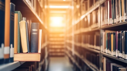 Poster - A serene library scene with books on a shelf, illuminated by warm sunlight.