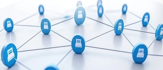 Poster - A network of blue icons representing interconnected data or resources.