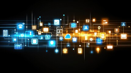 Poster - A digital abstract representation of interconnected technology and data symbols.