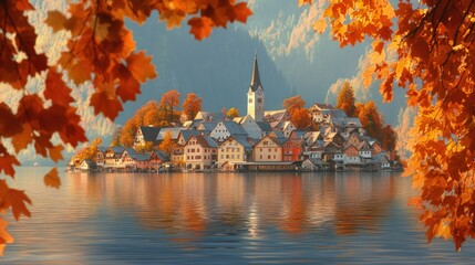 Wall Mural - Autumn Serenity Over Lake with Village and Colorful Foliage