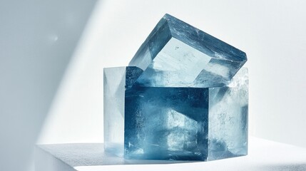 Poster - Ice Blue Crystals on White Surface with Natural Light Shadows