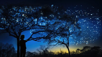 Wall Mural - Silhouette of a Person Gazing at a Starry Sky Beyond a Tree with Shimmering Stars and Celestial Patterns at Dusk in a Mystic Landscape