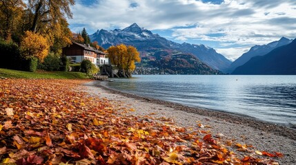 Wall Mural - Serene Autumn Landscape with Lake and Mountains in Vibrant Colors