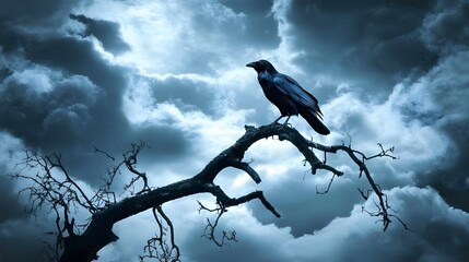 Wall Mural - Lone crow perched on a dead branch under a stormy sky.