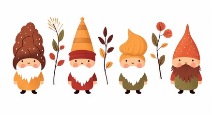 Aufkleber - Four Autumn Gnomes with Fall Leaves and Branches
