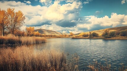 Wall Mural - Autumn lake landscape. Golden hour scenery.