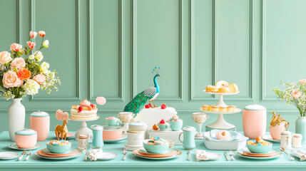 Poster - A beautifully arranged dessert table features pastel colors, floral decorations, and a peacock centerpiece, creating a festive atmosphere