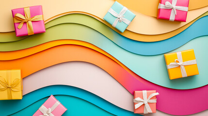 Poster - Vibrant gift boxes are placed on colorful paper waves, creating a joyful and festive display perfect for celebrations