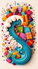 Poster - A vibrant wave of turquoise flows around an array of colorful wrapped gifts and playful decorations, embodying holiday spirit