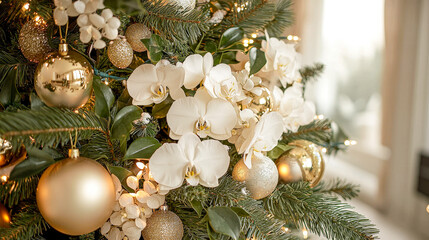Poster - Christmas tree decorated with delicate white orchids and shiny golden ornaments, creating a festive atmosphere in a cozy living room