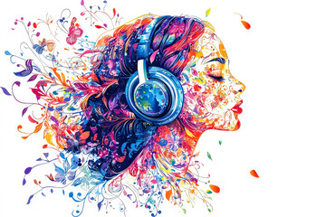 Aufkleber - woman wearing headphones, with floral and abstract elements blending into her silhouette in a captivating design