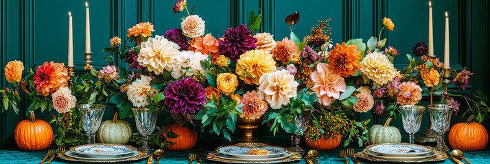 Poster - A stunning dining table adorned with colorful flowers and pumpkins, creating a warm autumn atmosphere for a seasonal gathering