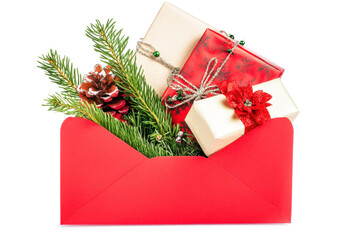 Poster - Colorful presents are arranged in a bright red envelope, surrounded by pine branches and pinecones, creating a festive atmosphere