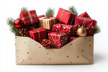 Poster - Colorful holiday gifts adorned with ribbons and ornaments fill a decorative box, creating a festive Christmas atmosphere