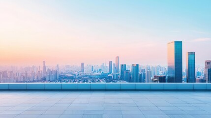 Poster - City skyline at sunrise with modern skyscrapers against a colorful sky.
