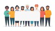 © Thanaporn - uhd, a group of working young adults and elders, smiling with different ethnicity and gender showing diversity, holding a blank sign with plain background.