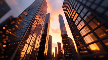 Poster - Tall modern buildings reflecting sunset colors in urban cityscape.