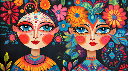 Russian folk art painting with bright colors and patterns. Folk. Illustration