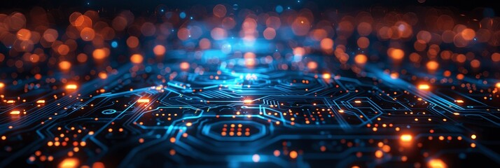Aufkleber - Futuristic Digital Technology Background with Glowing Data Lines and Circuit Board Elements in Dark Blue