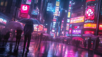 Poster - Rainy Night in a Neon-Drenched City Street, Figures Under Umbrellas