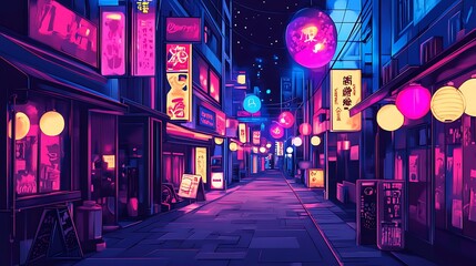 Poster - Neon-lit Japanese alleyway at night, vibrant colors and glowing lanterns.