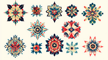 Wall Mural - Colorful vector set of traditional mexican folk ornaments featuring symmetrical patterns of vibrant flowers and leaves on a light background, ideal for textile printing and decor. Folk. Illustration