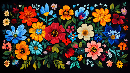 Wall Mural - A painting of colorful flowers on a black background. generative ai. polish folk art. Folk. Illustration