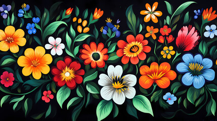 Wall Mural - A painting of colorful flowers on a black background. generative ai. polish folk art. Folk. Illustration