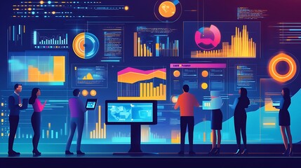 Poster - Team Analyzing Data on a Futuristic Interactive Wall Display
