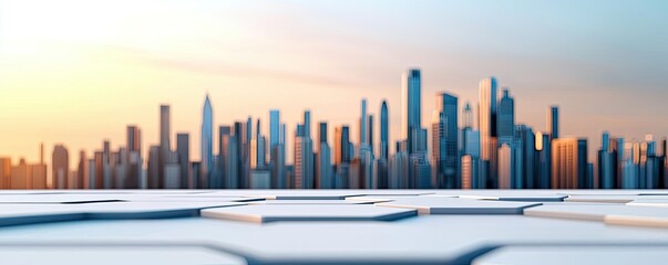 Poster - Modern city skyline at sunset with vibrant colors and dramatic lighting.