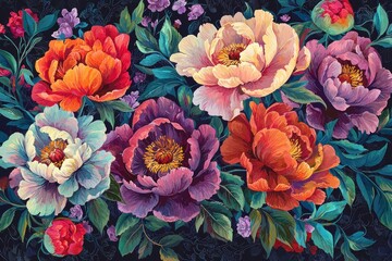 Canvas Print - Vibrant floral composition featuring peonies in various colors against a dark background, showcasing beauty and elegance in nature's design.