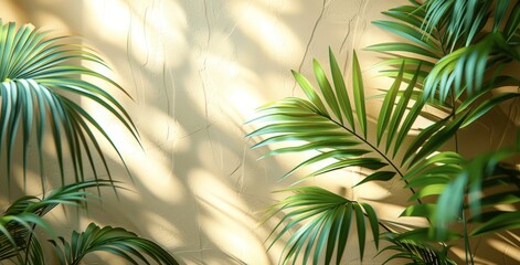 Poster - Abstract Palm Leaf Shadows on White Wall for Summer Tropical Mockup in Soft Light Beige