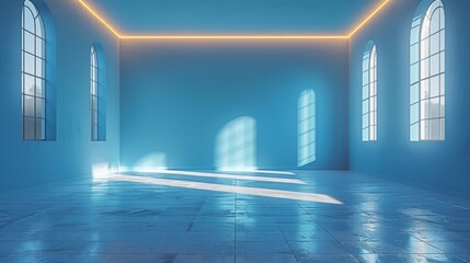 Aufkleber - Minimalistic Light Blue Wall and White Floor Room with Neon Lighting for Presentation