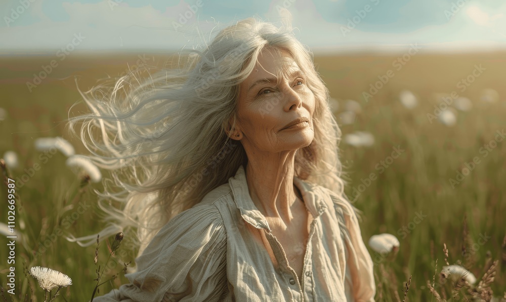 Elderly woman with white hair in the field on a windy summer day ...