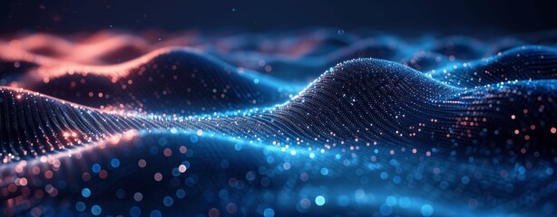 Poster - abstract blue glowing particles with digital waves on black background