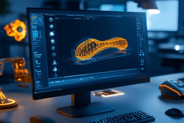 Leinwandbilder - A close-up of architectural software on a computer screen, showing a detailed 3D rendering of a bridge