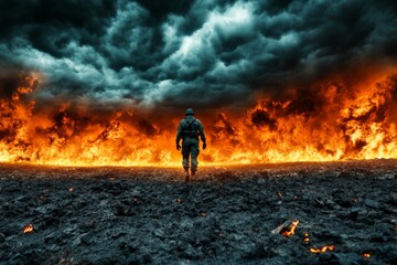 Poster - A dark and Gothic depiction of a lone soldier standing on a battlefield under a stormy sky, surrounded by shadows and faint glowing embers