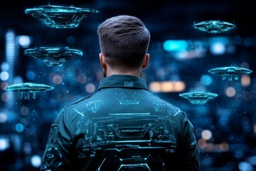Poster - A detailed digital illustration of an architect surrounded by floating 3D models of futuristic buildings