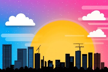 Poster - A flat, abstract representation of a construction crane and a building silhouette in minimalist style
