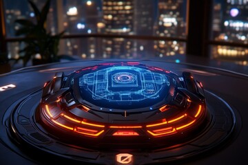 Aufkleber - A futuristic workspace with holographic architectural blueprints and interactive 3D models floating in the air